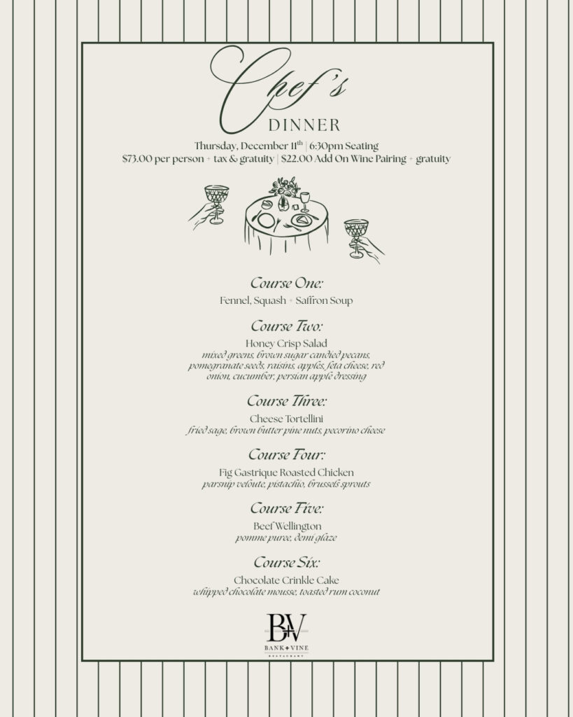 Bank + Vine (Wilkes-Barre, PA) has announced the menu for its upcoming December Chef's Dinner