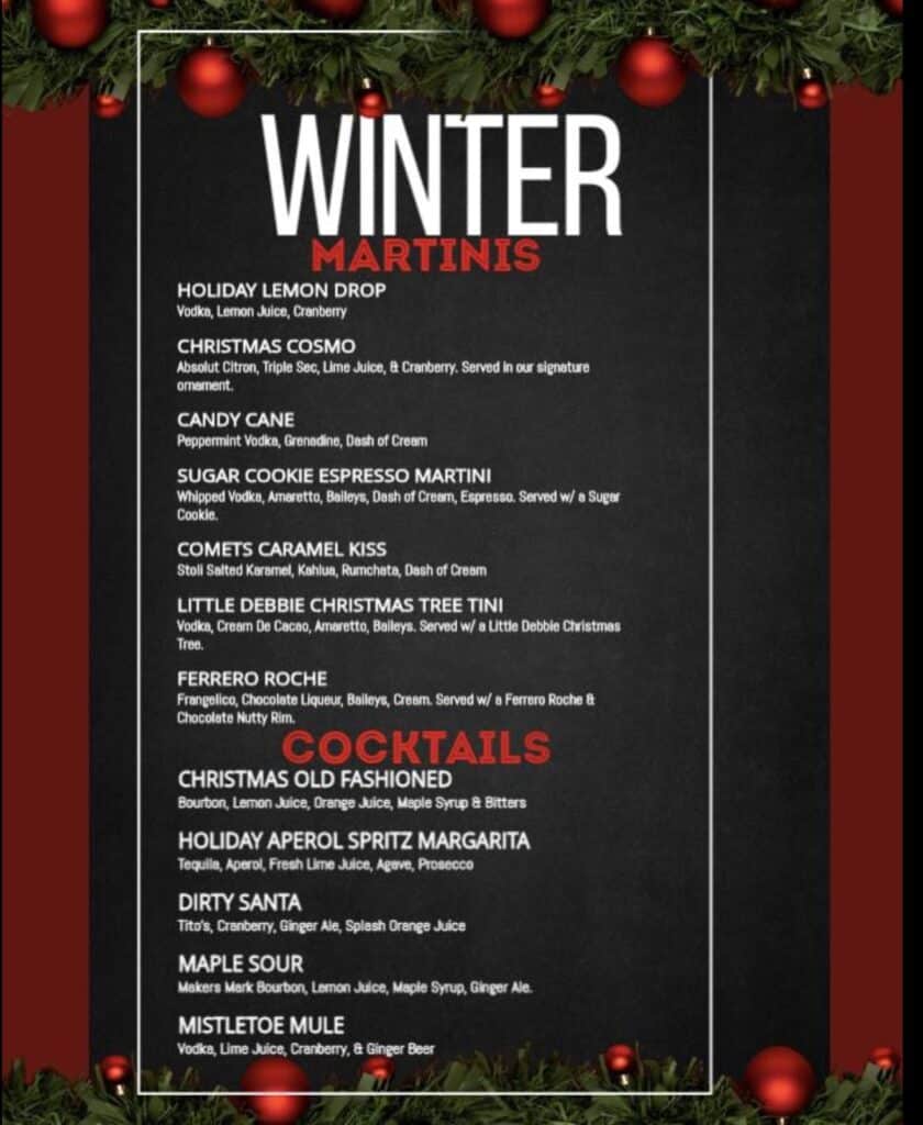 The Winter drink menu being offered at Slingshots Bar & Grill (Moscow, PA) during its "Jingle Christmas" pop-up.