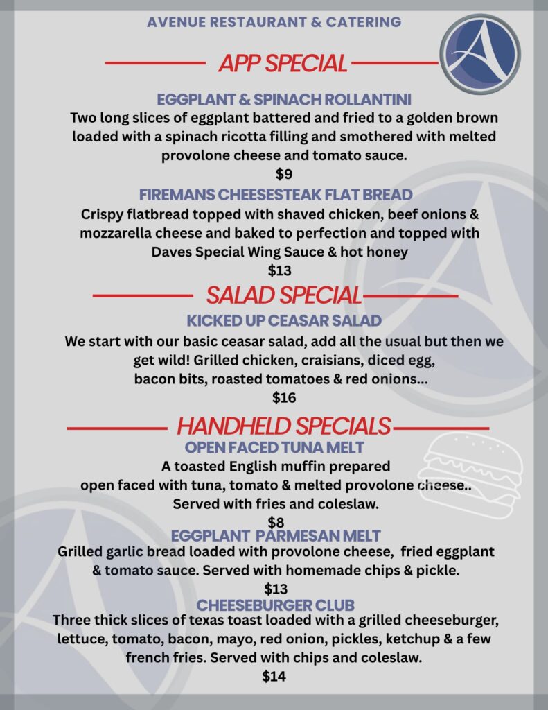 The Avenue Restaurant (Wyoming, PA) has some new sandwich specials.