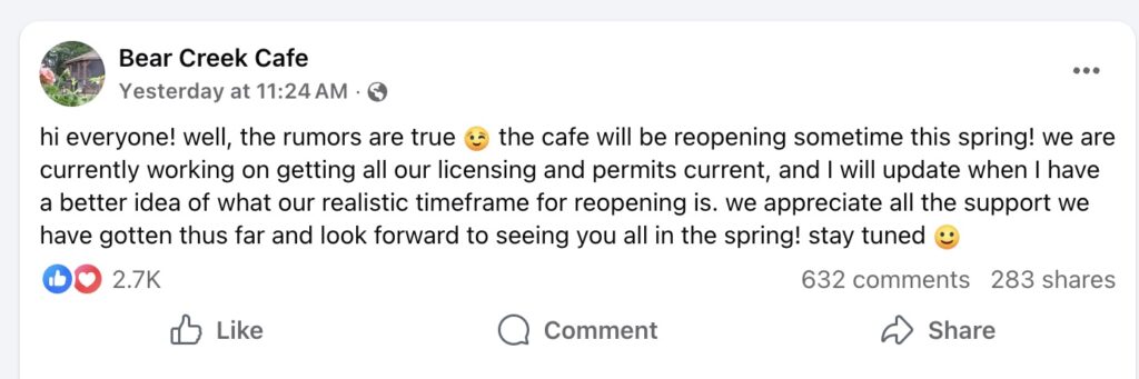 The Bear Creek Cafe (Bear Creek Township, PA) has announced that it is set to reopen later this year.