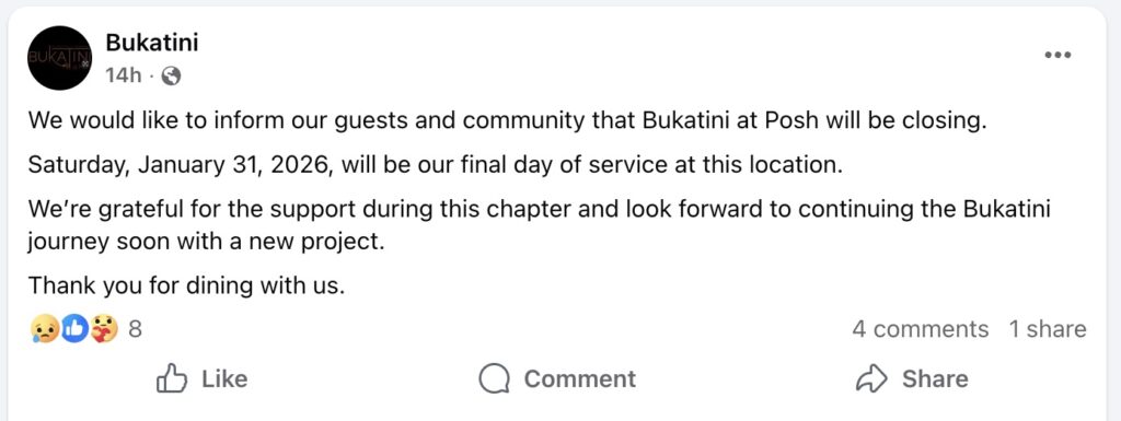 Bukatini confirmed on Facebook that it would be closing its restaurant at POSH (Scranton, PA) at the end of January 2026.