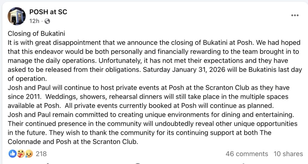 The Facebook announcement breaking the news that Bukatini at POSH (Scranton, PA) will close at the end of January 2026.