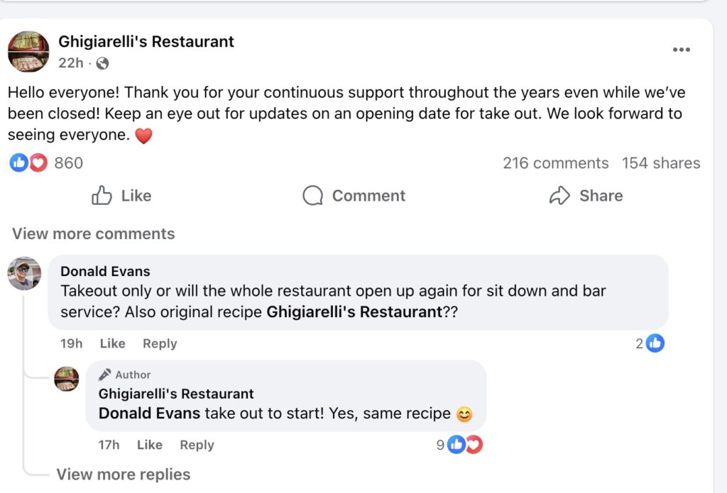 Ghigiarelli's Restaurant (Old Forge, PA) announced its reopening on Facebook.