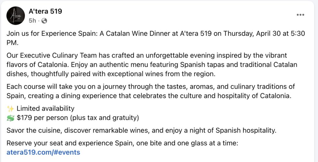 A'tera 519 (Scranton, PA) has announced it will host a Catalan Wine Dinner on April 30, 2026.