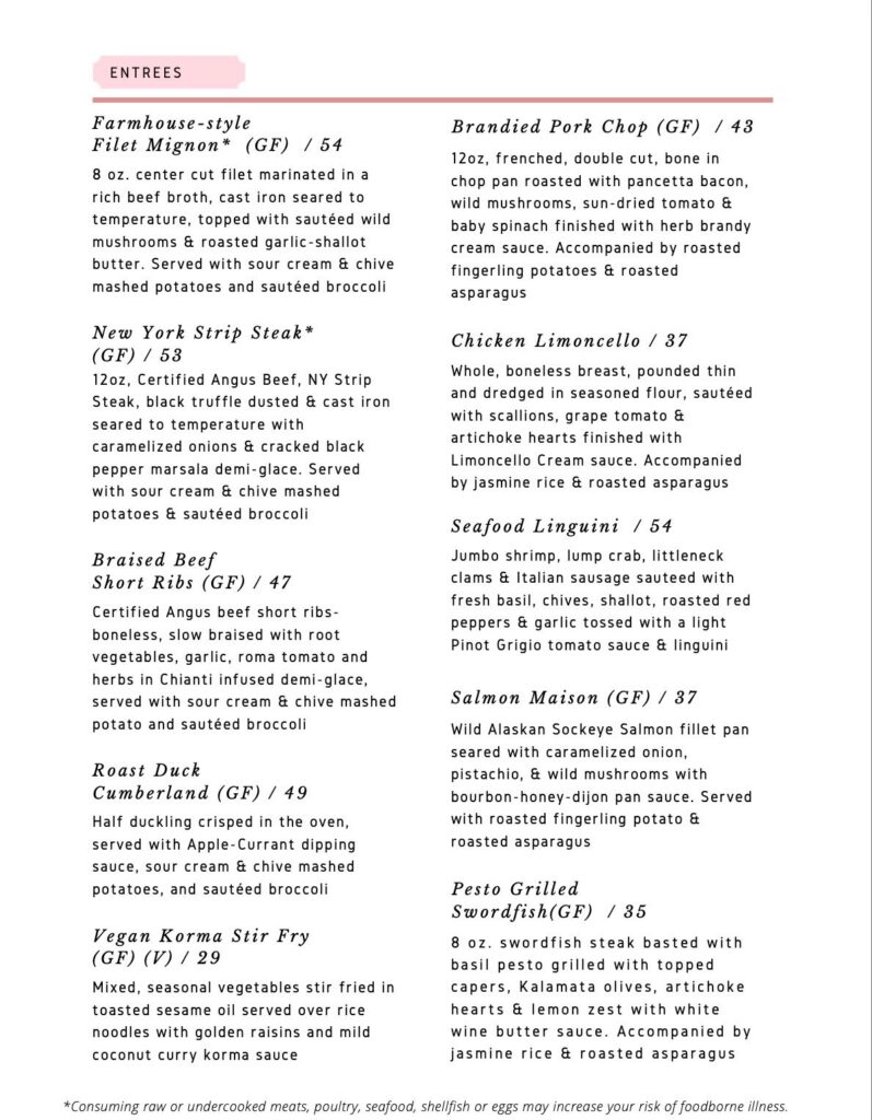 The entree offerings on the new Spring Menu offered by The Farmhouse at Turkey Hill (Bloomsburg, PA)