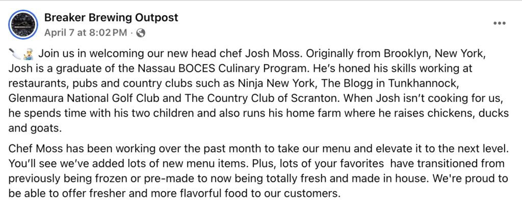 Breaker Brewing Outpost (Archbald, PA) announced its new chef via its Facebook page.