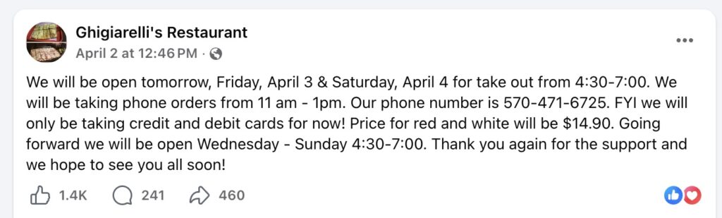 Ghigiarelli's Restaurant (Old Forge, PA) announced its back in business, nine years after a murder closed it.