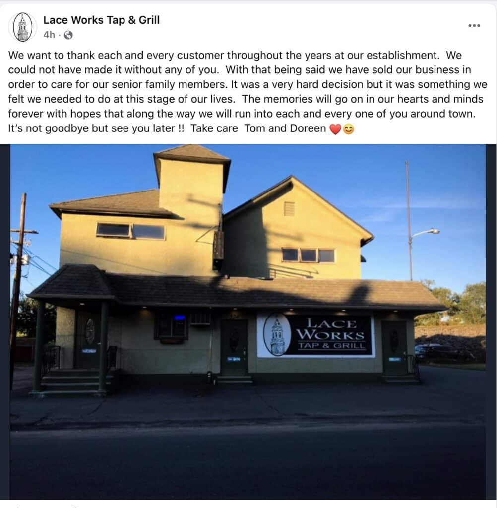 The owners of Lace Works Tap & Grill (Scranton, PA) have announced its sale.