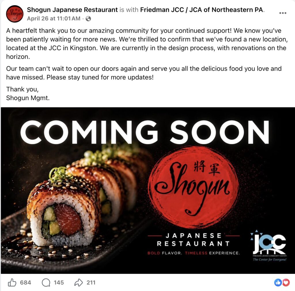 The management of Shogun Japanese Restaurant (formerly of Wilkes-Barre, PA) took to Facebook to announce its reopening plans.