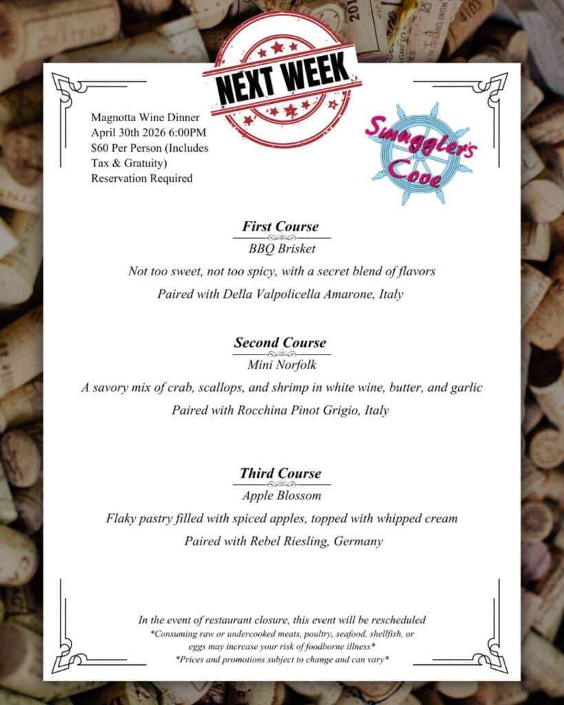 This is the menu being offered by Smuggler's Cove (Tannersville, PA) for its upcoming Magnotta Wine Dinner.