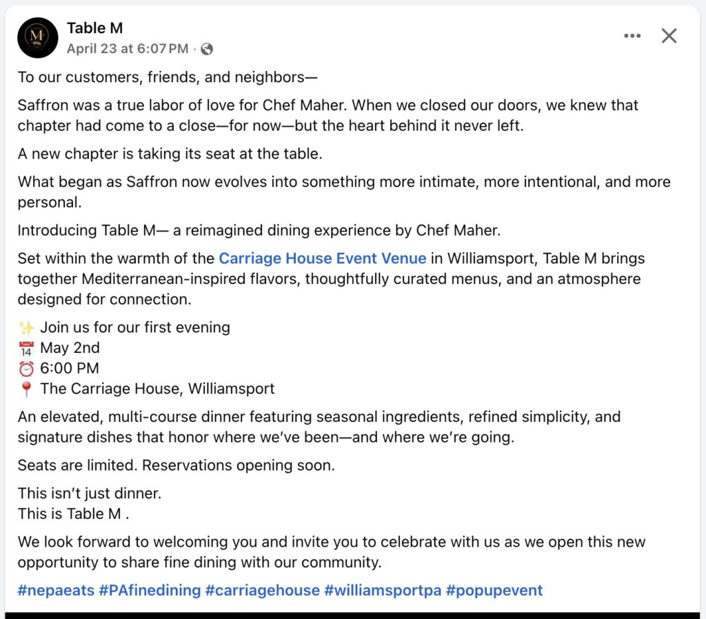 Chef Maher Hedhli has announced Table M, a new Mediterranean fusion pop-up in Williamsport, PA.