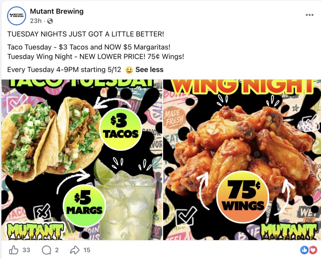 Mutant Brewing (Scranton, PA) has announced an updated Taco and Wing Tuesday special menu.