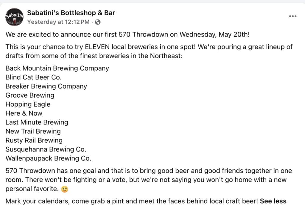 Sabatini's Bottleshop (Exeter, PA) has announced its first annual "570 Throwdown" craft beer event.