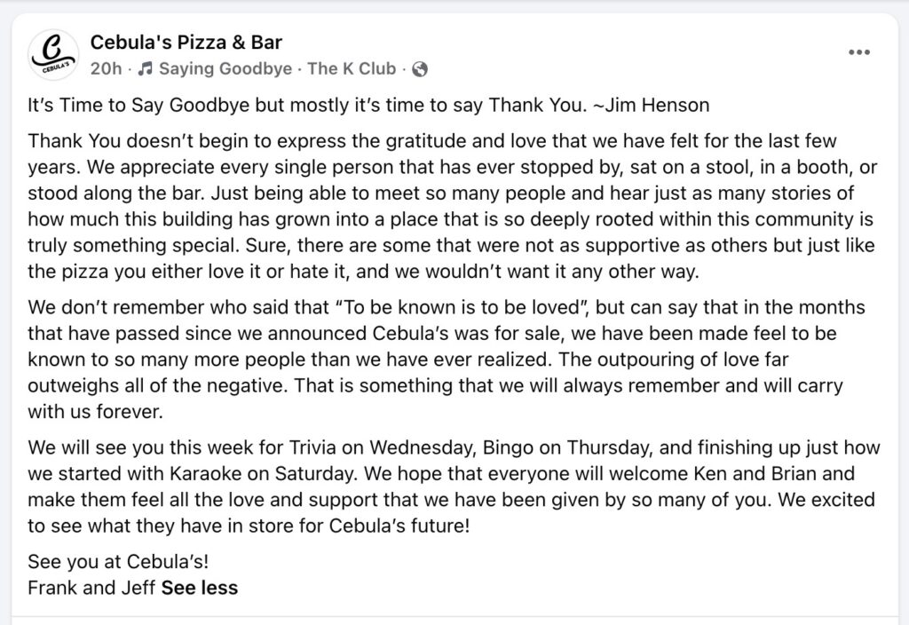 Cebula's Pizza and Bar (Dupont, PA) has announced a transition of ownership.