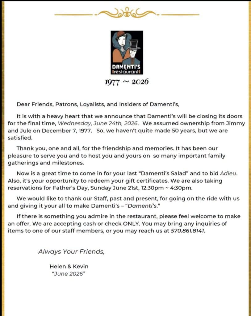 Owners Helen and Kevin announced the closing of Damenti's Restaurant in a letter posted to Facebook.