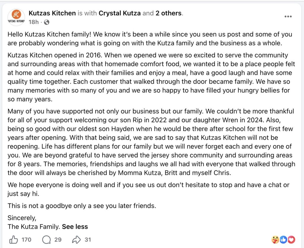 Kutzas Kitchen (Jersey Shore, PA) has announced that it will not be reopening.