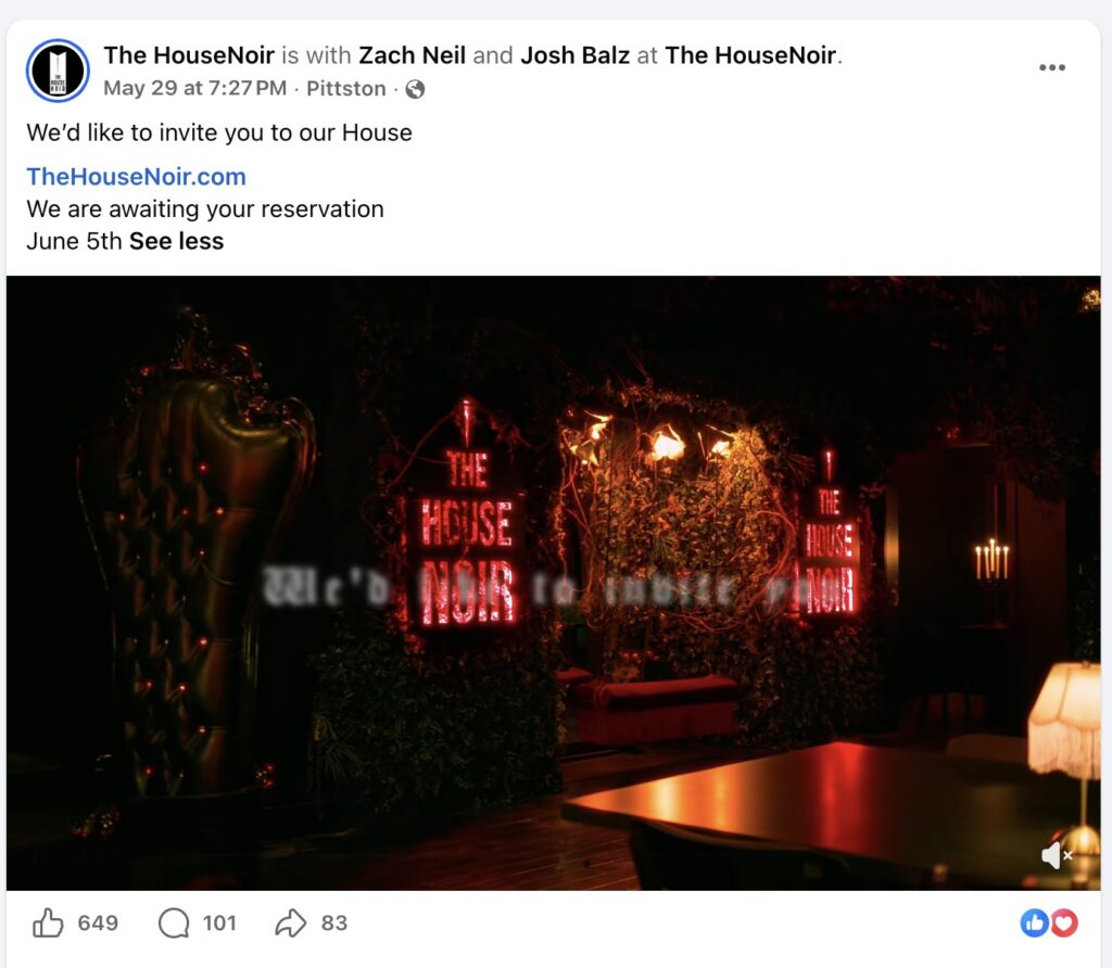 The HouseNoir (Pittston, PA) is advertising itself as something out of  a Gothic romance novel.