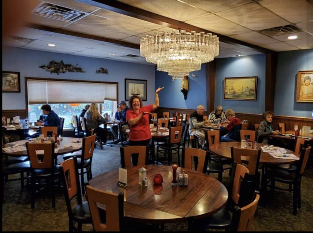 The Beacon Diner (Hometown, PA) features a surprising detail; a crystal chandelier hanging in the main dining area.