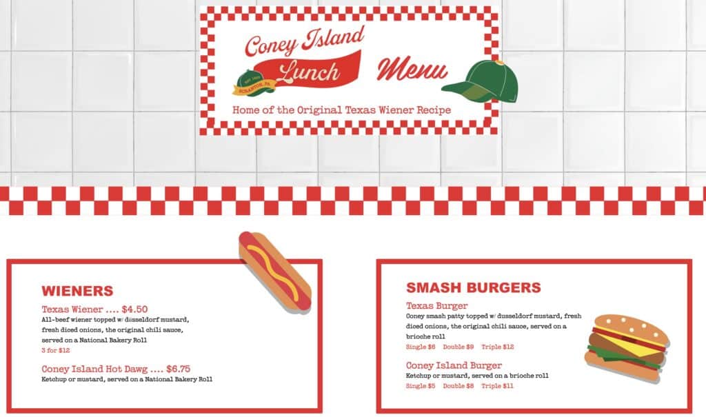 The menu at Scranton's Coney Island Lunch features the original Texas Wiener recipe.
